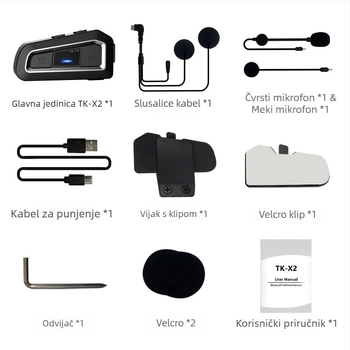 TK-X2 privatni model motociklistički headset za kacigu s interkomom — domet 1000 m, Bluetooth 5.0, vodootporan, otporan na prašinu, stereo za oba uha