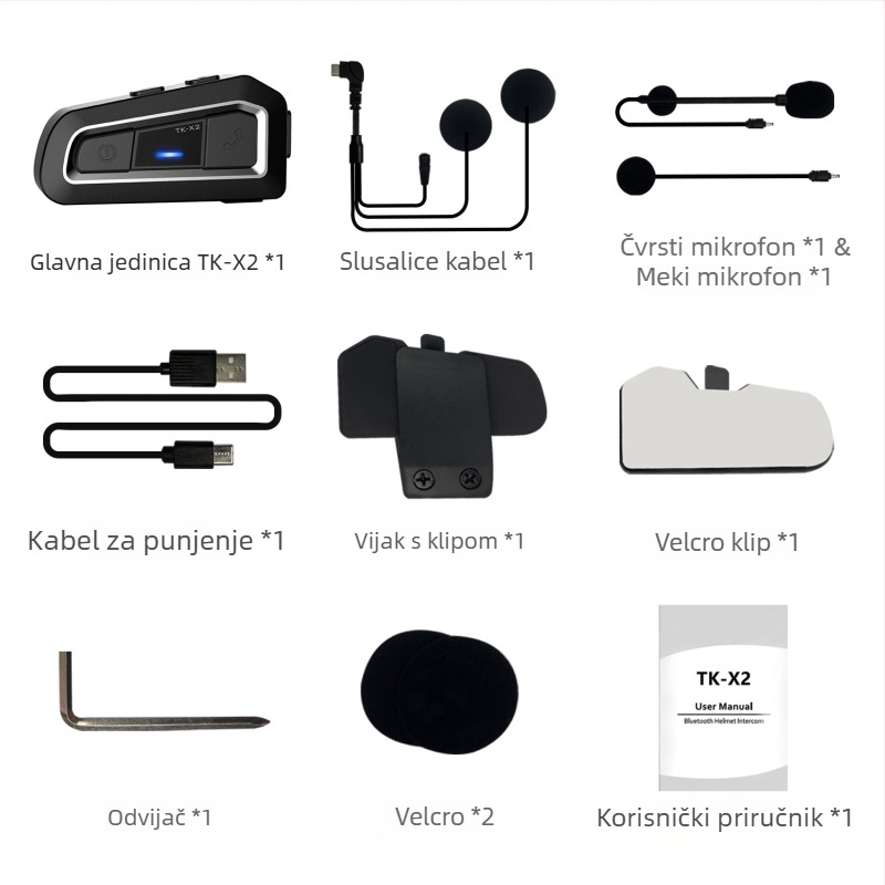 TK-X2 privatni model motociklistički headset za kacigu s interkomom — domet 1000 m, Bluetooth 5.0, vodootporan, otporan na prašinu, stereo za oba uha
