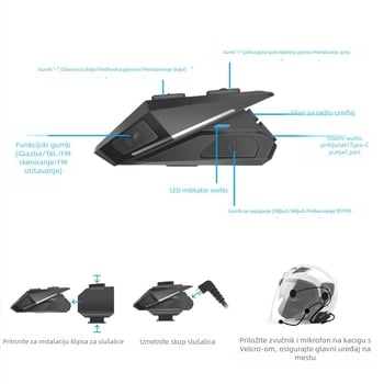 Bluetooth slušalica za kacigu motocikla sa stereo zvukom, automatsko prihvaćanje poziva, domet 10 m, Bluetooth 5.0, baterija više od 8 sati