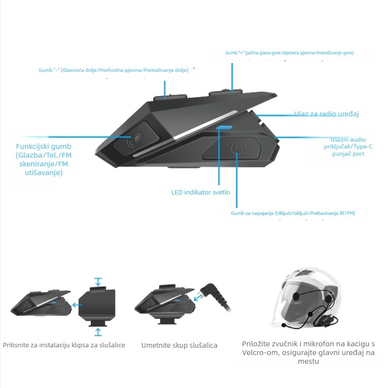 Bluetooth slušalica za kacigu motocikla sa stereo zvukom, automatsko prihvaćanje poziva, domet 10 m, Bluetooth 5.0, baterija više od 8 sati