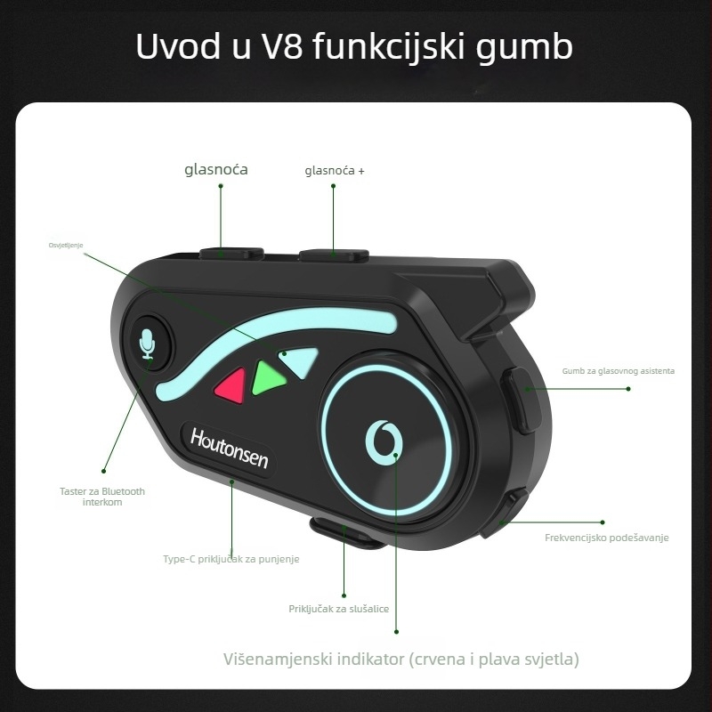 Bluetooth slušalica za kacigu motocikla V8 – 30 sati trajanja baterije, vodootporna, redukcija buke, stereo, Qualcomm QCC, dvostruko spajanje na dva telefona