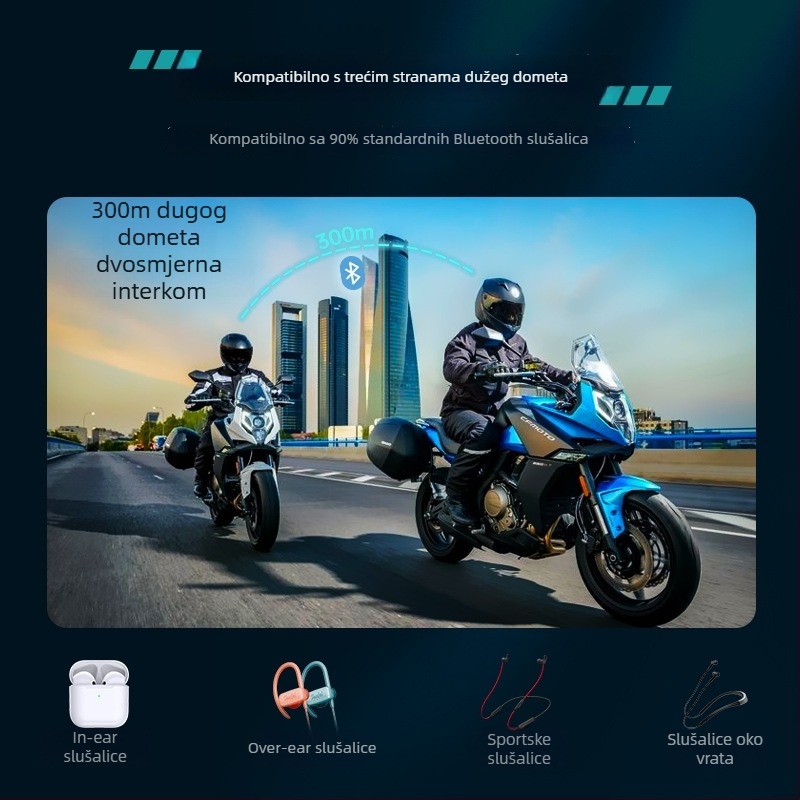 Y12Pro Bluetooth slušalice za kacigu — Bluetooth 5.4, Vodootporne, Redukcija buke, Domet 10m, Trajanje baterije 25h