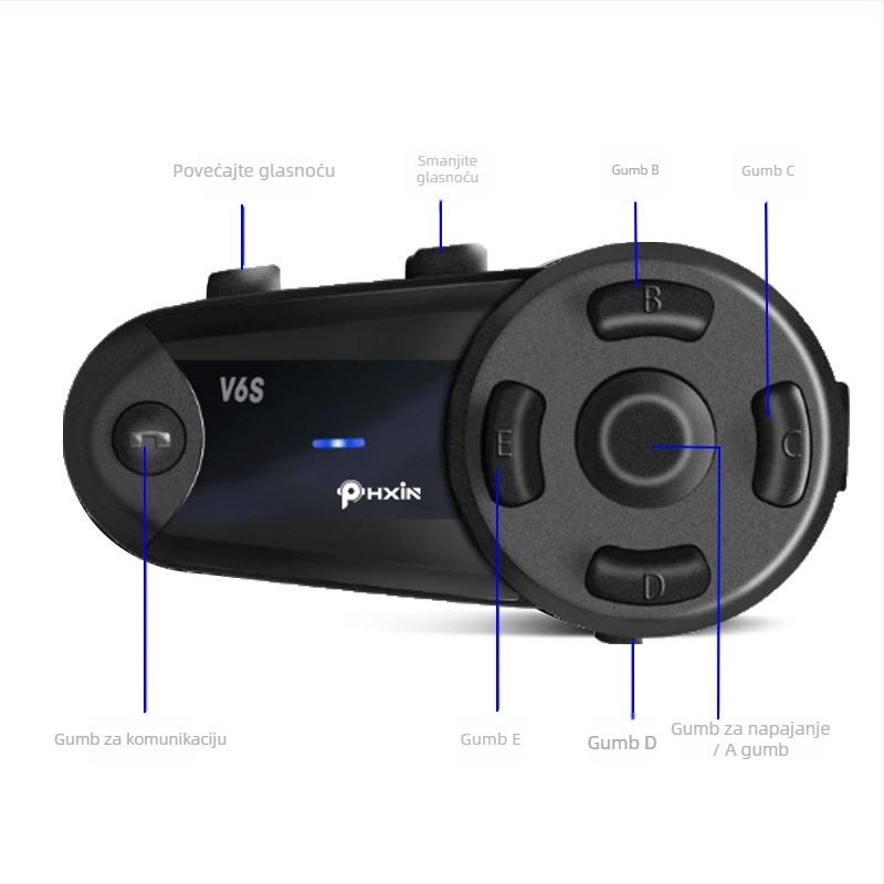 V6S kaciga Bluetooth slušalica za motocikle – Bluetooth, Interkom, Vodootporna, Smanjenje buke, Trajanje baterije 18 h
