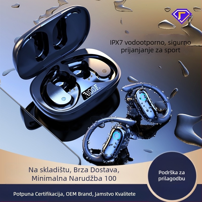 Bežične Bluetooth slušalice s držačem za uho (earhook), IPX7 vodootporne, TWS, zvuk visoke kvalitete, trajanje baterije 4–8 h, BT 5.4, domet do 10 m