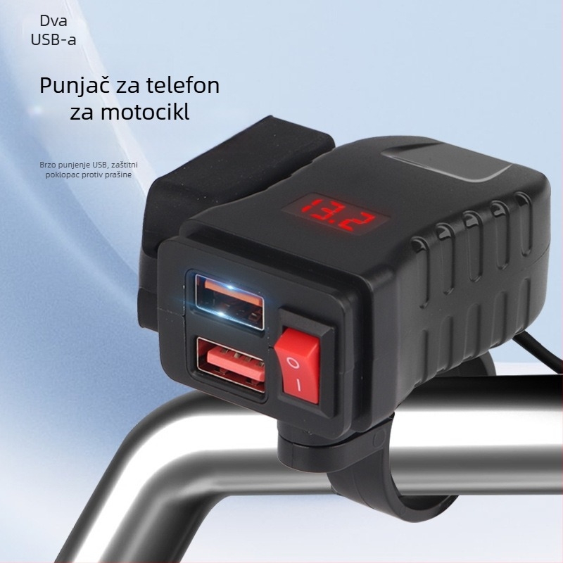 Punjač za motocikle USB s vodootpornim dvostrukim USB-portovima, QC3.0 brzo punjenje i prikaz napona – univerzalno za motocikle, električna vozila, ATV i tricikle (Model TQ119-120)