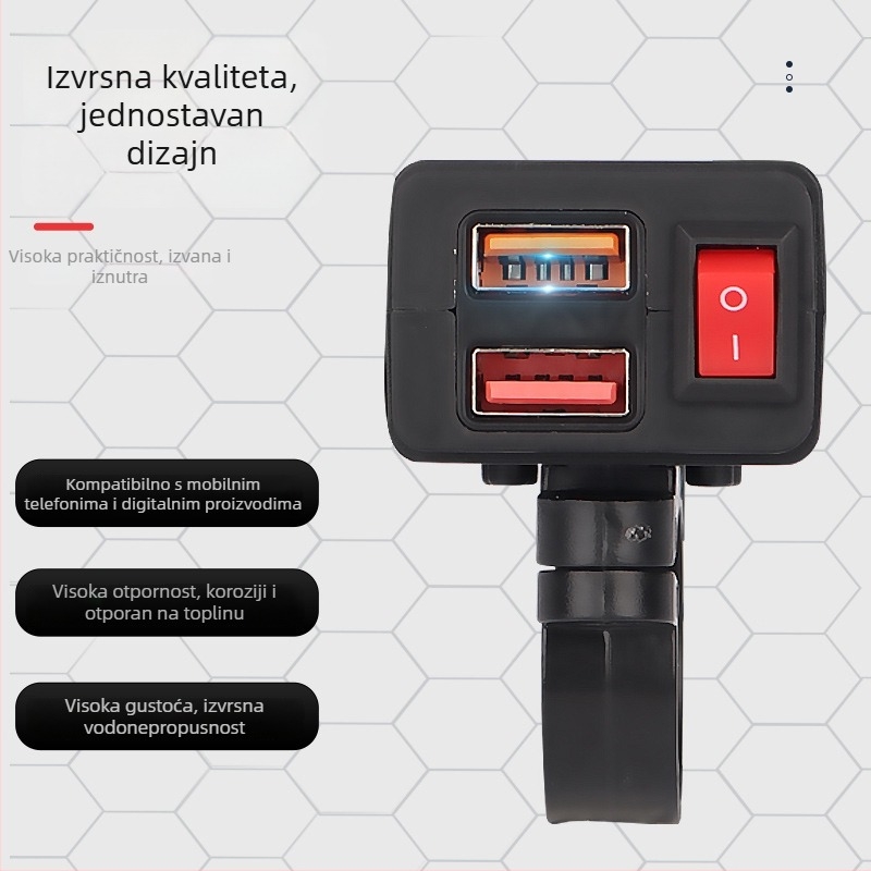 Punjač za motocikle USB s vodootpornim dvostrukim USB-portovima, QC3.0 brzo punjenje i prikaz napona – univerzalno za motocikle, električna vozila, ATV i tricikle (Model TQ119-120)