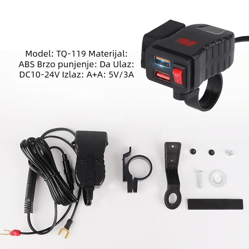 Punjač za motocikle USB s vodootpornim dvostrukim USB-portovima, QC3.0 brzo punjenje i prikaz napona – univerzalno za motocikle, električna vozila, ATV i tricikle (Model TQ119-120)