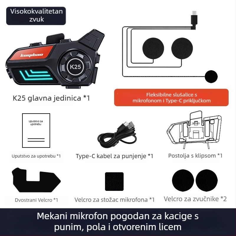 Kaciga za motocikl s Bluetooth slušalicom - domet 10 m, Bluetooth 5.0, vodootporna, redukcija buke, 30 h baterije