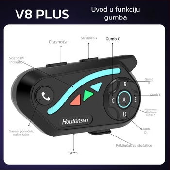 V8Plus Bluetooth interkom za skijanje i vožnju biciklom, real-time 1–7 interkom, domet 1500 m, prijenos glazbe, redukcija buke, Bluetooth 5.0 stereo