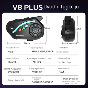 V8Plus Bluetooth interkom za skijanje i vožnju biciklom, real-time 1–7 interkom, domet 1500 m, prijenos glazbe, redukcija buke, Bluetooth 5.0 stereo
