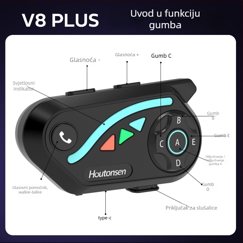 V8Plus Bluetooth interkom za skijanje i vožnju biciklom, real-time 1–7 interkom, domet 1500 m, prijenos glazbe, redukcija buke, Bluetooth 5.0 stereo