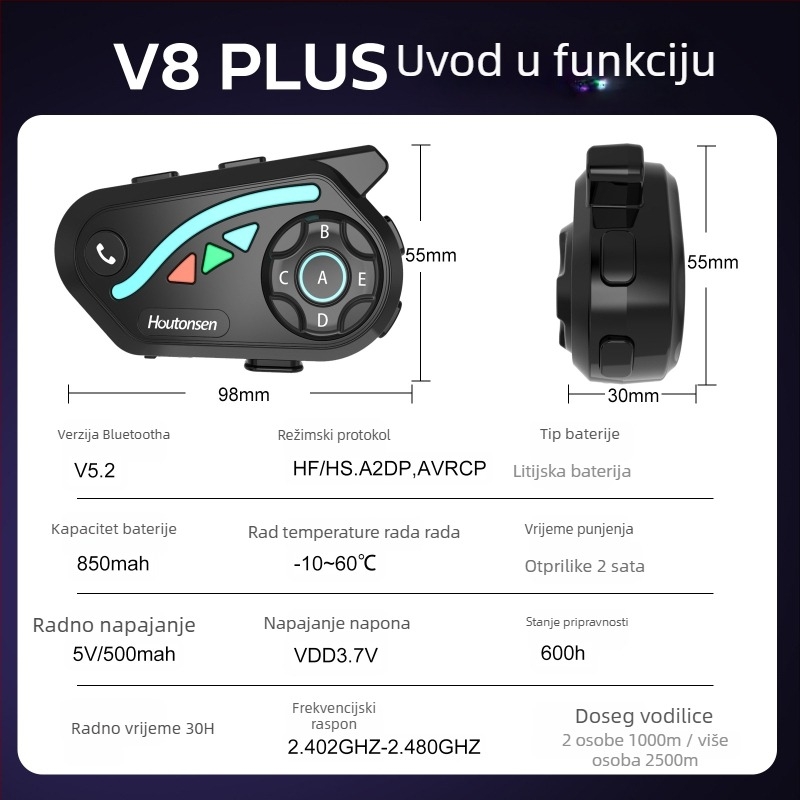 V8Plus Bluetooth interkom za skijanje i vožnju biciklom, real-time 1–7 interkom, domet 1500 m, prijenos glazbe, redukcija buke, Bluetooth 5.0 stereo