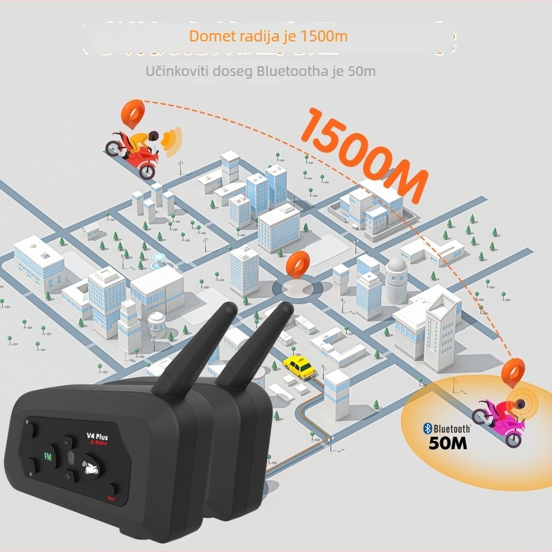 V4 Bluetooth interkom za motociklističku kacigu za 4 osobe – real-time komunikacija do 1500 m, IP67 vodootporan, Bluetooth 5.0 višepunktna veza, 30 h trajanje baterije, smanjenje buke