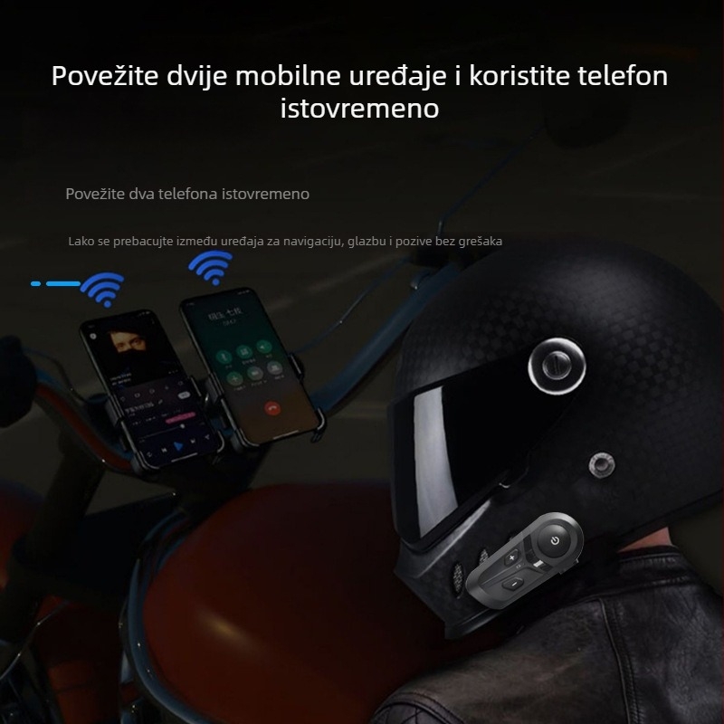 Bluetooth slušalica za motorističku kacigu — dvostrano stereo, Bluetooth 5.3, domet 100 m, baterija 15 h, vodootporna i prašini otporna, glazba i hands-free pozivi