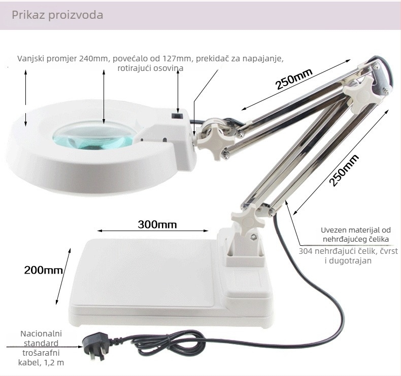 SK-C stolno povećalo s LED, sklopnim ramenom, povećanje 3×/5×/10×/15×/20×, materijal nehrđajućeg čelika/plastika