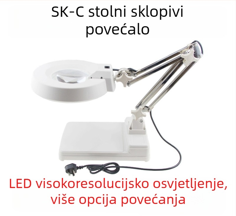 SK-C stolno povećalo s LED, sklopnim ramenom, povećanje 3×/5×/10×/15×/20×, materijal nehrđajućeg čelika/plastika