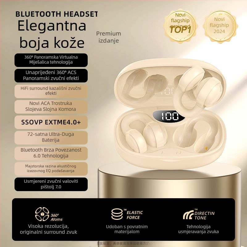 Bežične sportske slušalice s klipom za uho i koštanom provodljivošću – Bluetooth 5.49, domet 10 m, trajanje baterije 4–8 h, stereo zvuk, vodootporne