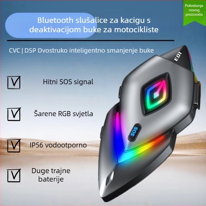 Bluetooth slušalica za motornu kacigu s redukcijom buke, Bluetooth 5.4, domet 100 m, 18 h trajanja baterije, vodootporna i otporna na prašinu
