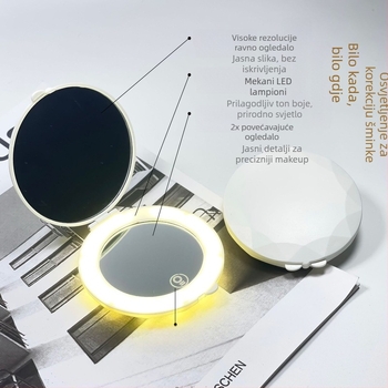 LED ogledalo za šminkanje, prijenosno ručno, sklopno okruglo ogledalo s lampom i 2x povećanjem