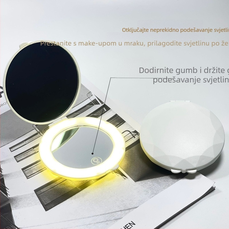 LED ogledalo za šminkanje, prijenosno ručno, sklopno okruglo ogledalo s lampom i 2x povećanjem