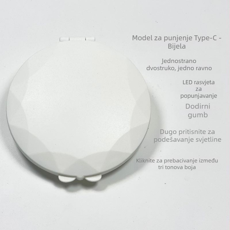 LED ogledalo za šminkanje, prijenosno ručno, sklopno okruglo ogledalo s lampom i 2x povećanjem