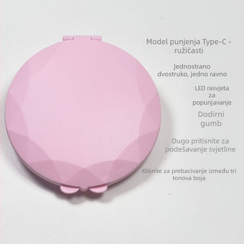 LED ogledalo za šminkanje, prijenosno ručno, sklopno okruglo ogledalo s lampom i 2x povećanjem