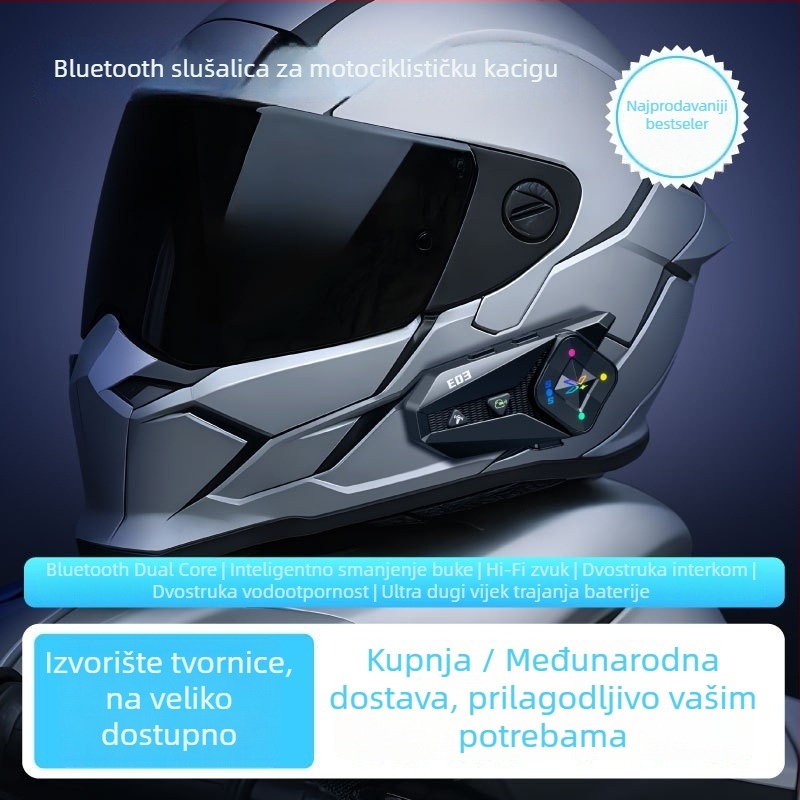 Bluetooth slušalica za kacigu – dvostruki interkom, domet 500 m, stereo, Bluetooth 6.0, trajanje baterije 22 h