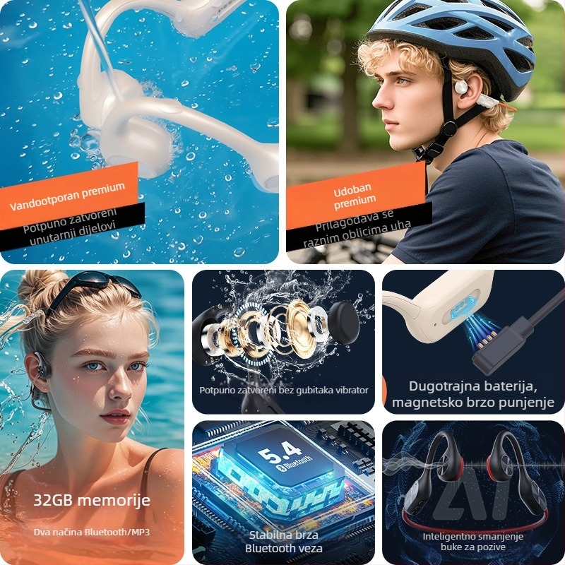 Slušalice za kostnu provodnost, ugrađena 32 GB memorije, Bluetooth 5.4, IPX8 vodootporne, trajanje baterije više od 8 sati