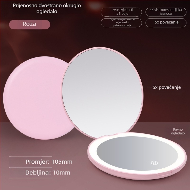 Ogledalo za šminku, dvostrano, 5x povećanje, kružno s preklopnim poklopcem, prijenosno