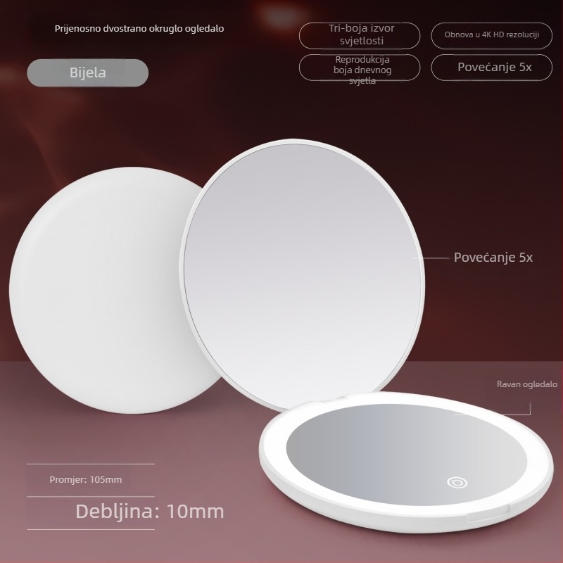 Ogledalo za šminku, dvostrano, 5x povećanje, kružno s preklopnim poklopcem, prijenosno