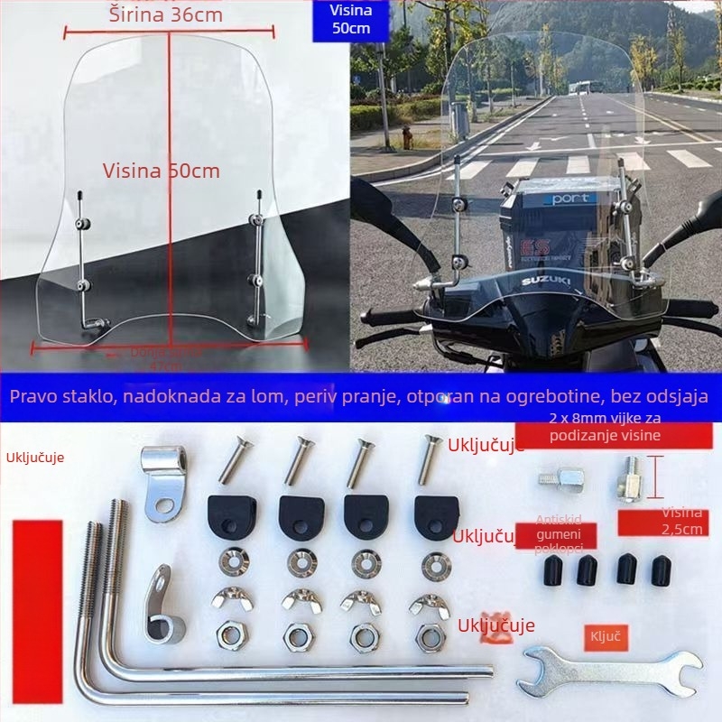 Prednje staklo za električno vozilo, prozirni plastični štit, otporno na habanje, mogućnost ispisa logotipa