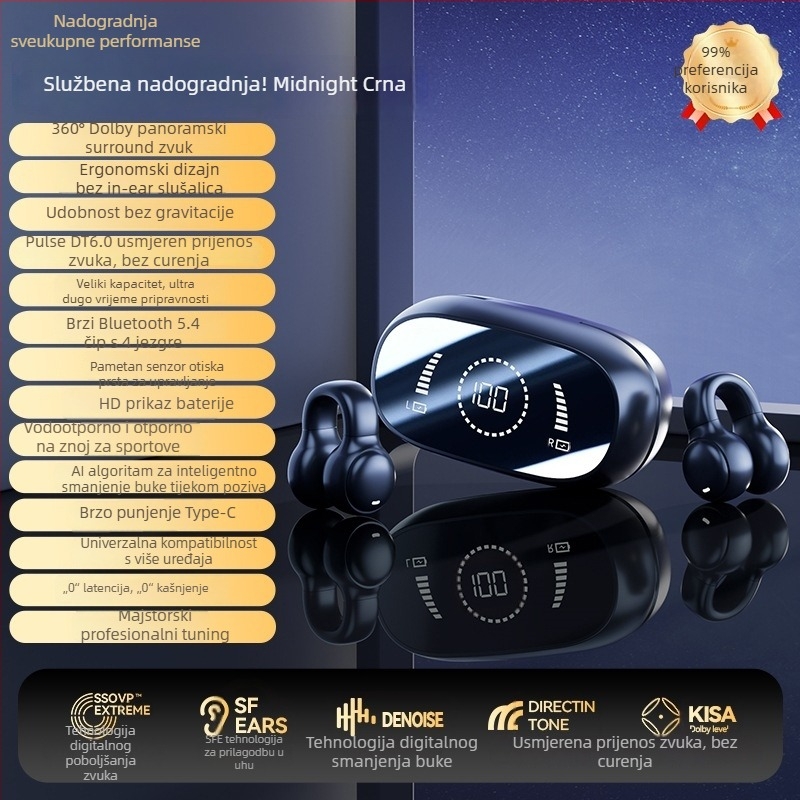 Bežične slušalice s kostnom vodljivosti, otvoreni clip-on dizajn za sport, bežične, dugotrajna baterija