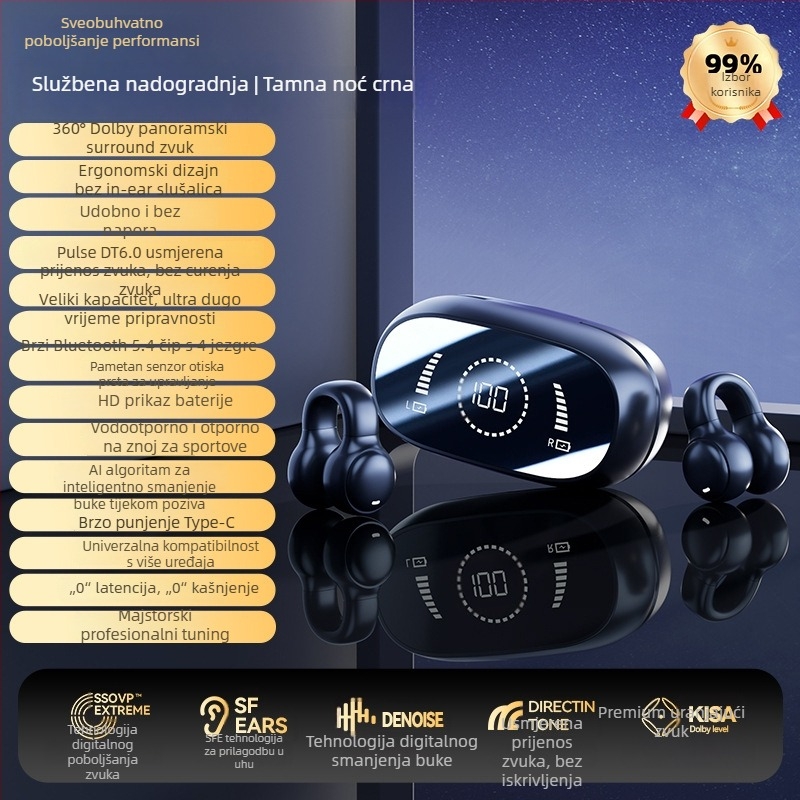 Bežične slušalice s kostnom vodljivosti, otvoreni clip-on dizajn za sport, bežične, dugotrajna baterija