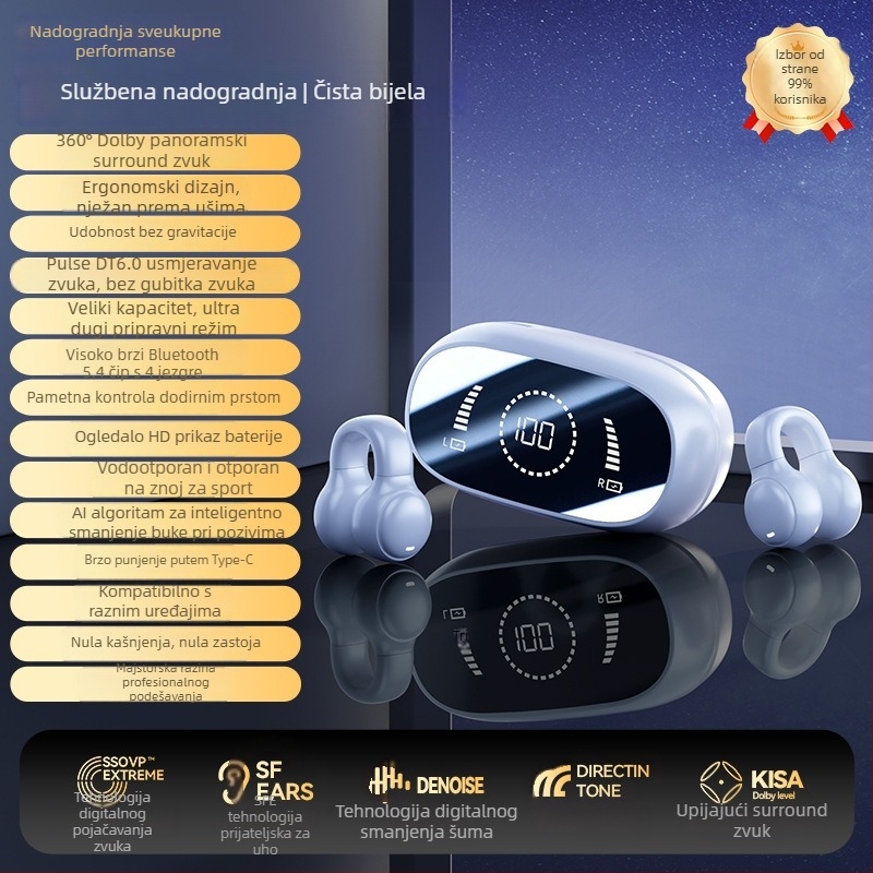 Bežične slušalice s kostnom vodljivosti, otvoreni clip-on dizajn za sport, bežične, dugotrajna baterija