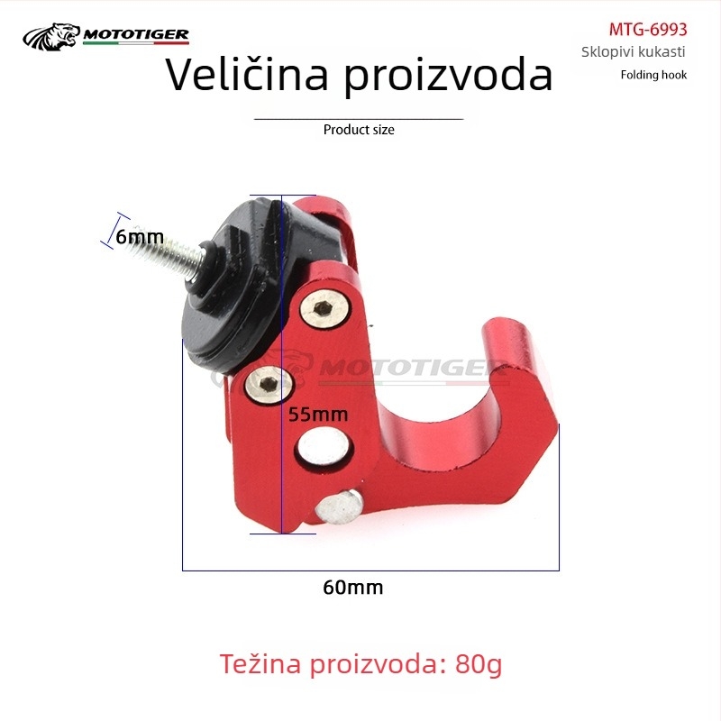 Prednja kuka za električna vozila, kuka za kacigu i prostor za pohranu; sklopiva kuka od aluminijske legure