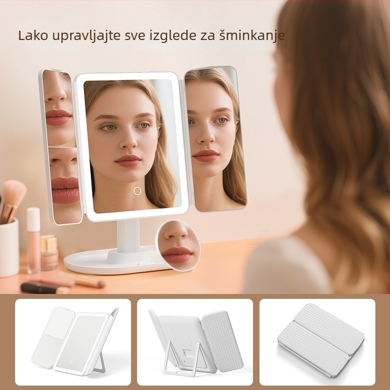 Stolno ogledalo za šminku, sklopivo, podesiva visina, ABS okvir, aluminijsko ogledalo