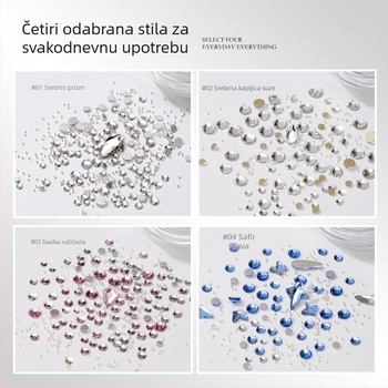 Materijali za nokte s nepravilnim kristalima: paket mini kristala, metalne perle i kristali s plosnim dnom; svijetleći kristali, iridizirajući završetak; Materijali: metal, kristali, staklo