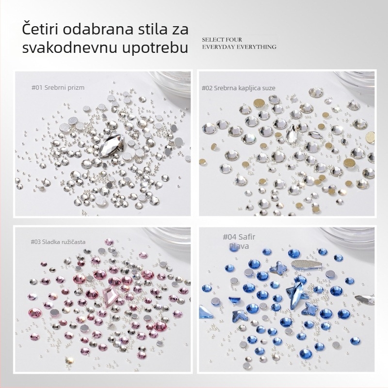 Materijali za nokte s nepravilnim kristalima: paket mini kristala, metalne perle i kristali s plosnim dnom; svijetleći kristali, iridizirajući završetak; Materijali: metal, kristali, staklo