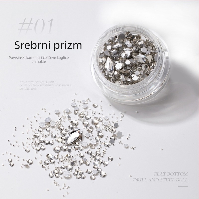 Materijali za nokte s nepravilnim kristalima: paket mini kristala, metalne perle i kristali s plosnim dnom; svijetleći kristali, iridizirajući završetak; Materijali: metal, kristali, staklo
