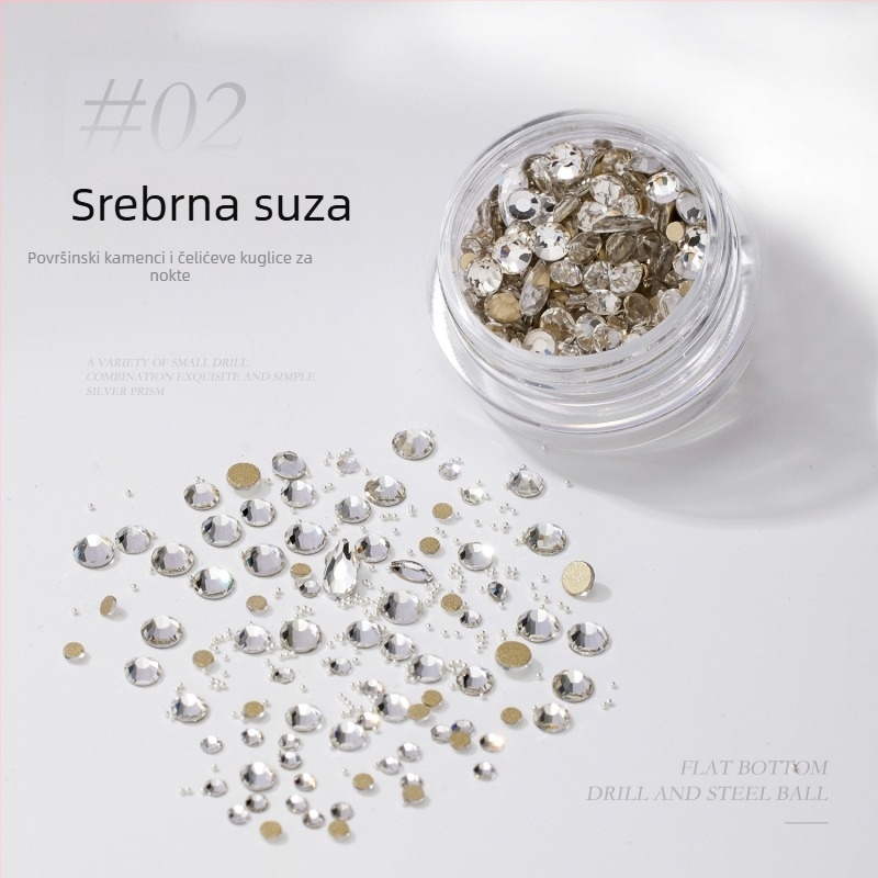 Materijali za nokte s nepravilnim kristalima: paket mini kristala, metalne perle i kristali s plosnim dnom; svijetleći kristali, iridizirajući završetak; Materijali: metal, kristali, staklo