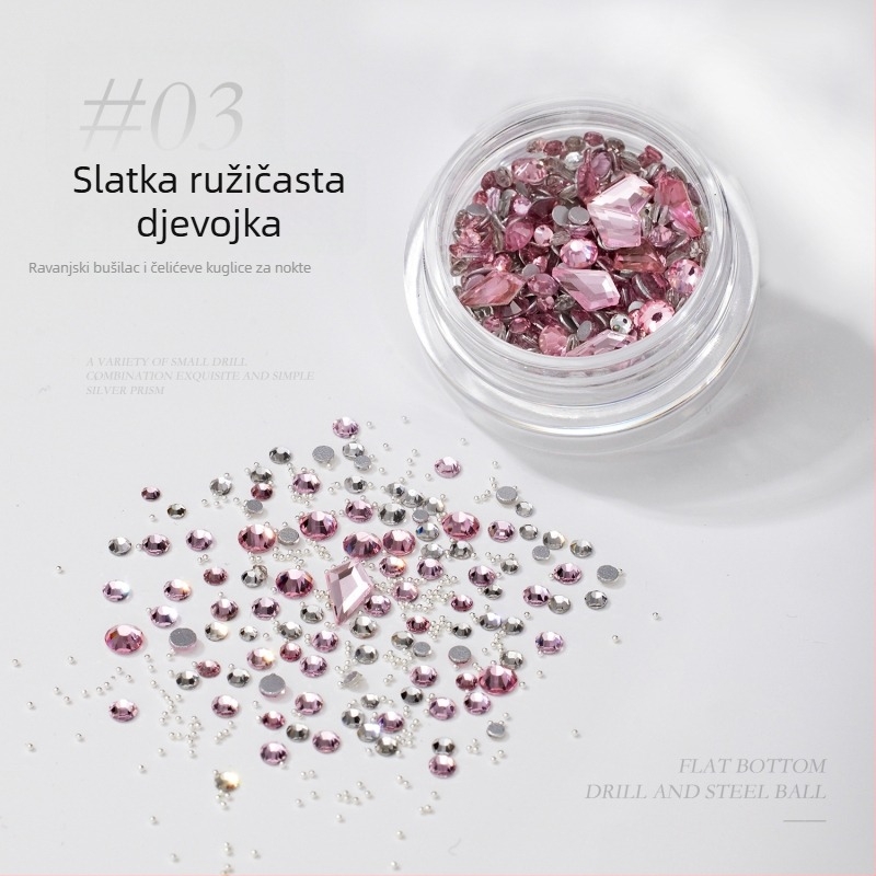 Materijali za nokte s nepravilnim kristalima: paket mini kristala, metalne perle i kristali s plosnim dnom; svijetleći kristali, iridizirajući završetak; Materijali: metal, kristali, staklo