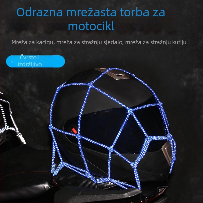 Motociklistička mreža za spremnik goriva s elastičnom reflektirajućom trakom za sigurno pričvršćivanje kacige i prtljage na stražnjoj klupi