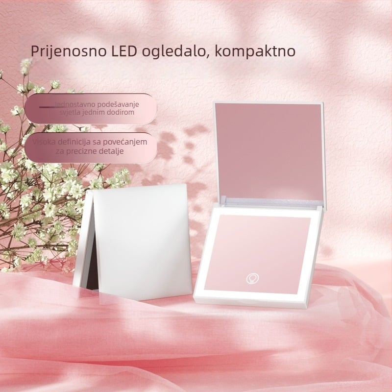 Makeup ogledalo, kvadratno, prijenosno s LED osvjetljenjem, 2x povećanje, ručno, sklopivo putno ogledalo (ABS okvir, aluminijska leća, prilagodljiv logotip)