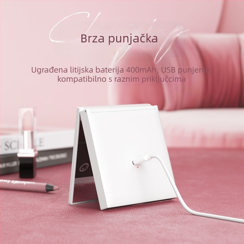 Makeup ogledalo, kvadratno, prijenosno s LED osvjetljenjem, 2x povećanje, ručno, sklopivo putno ogledalo (ABS okvir, aluminijska leća, prilagodljiv logotip)