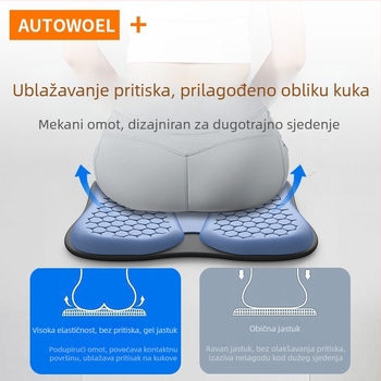 AUTOWOEL gel jastučić za sjedalo vozača — plosni, jednodijelni dizajn; ventiliran i prozračan za ljeto; površina od poliestera; težina 1 kg.