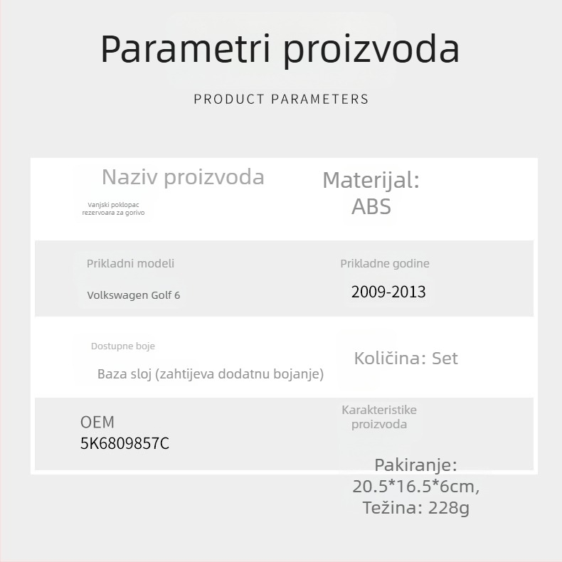 Zaključavajući poklopac spremnika goriva za Volkswagen Golf 6, plastika, model 5K6809857C