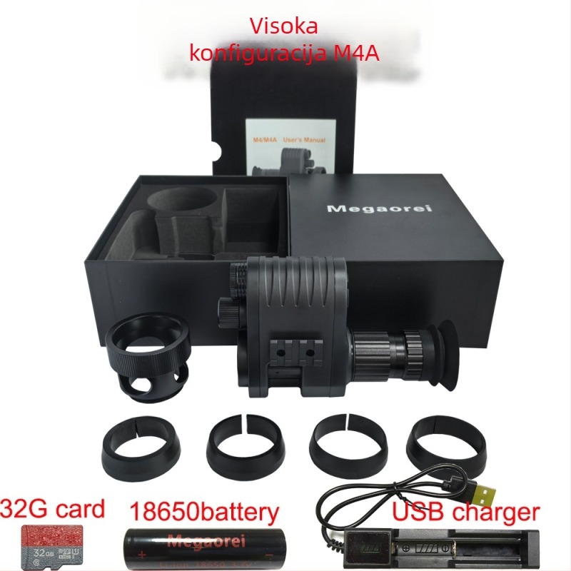 Infracrveni teleskop za noćno viđenje Megaorei M4A, 1–4× povećanje, 12 mm objektiv, domet 200–400 m, napajanje 3,7 V, težina 0,8 kg