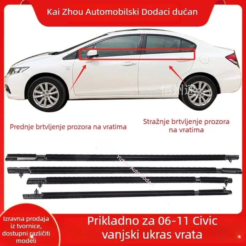 Prozor za Honda Civic osme generacije (2006–2011) – vanjski profil stakla i vodootporna traka za vrata