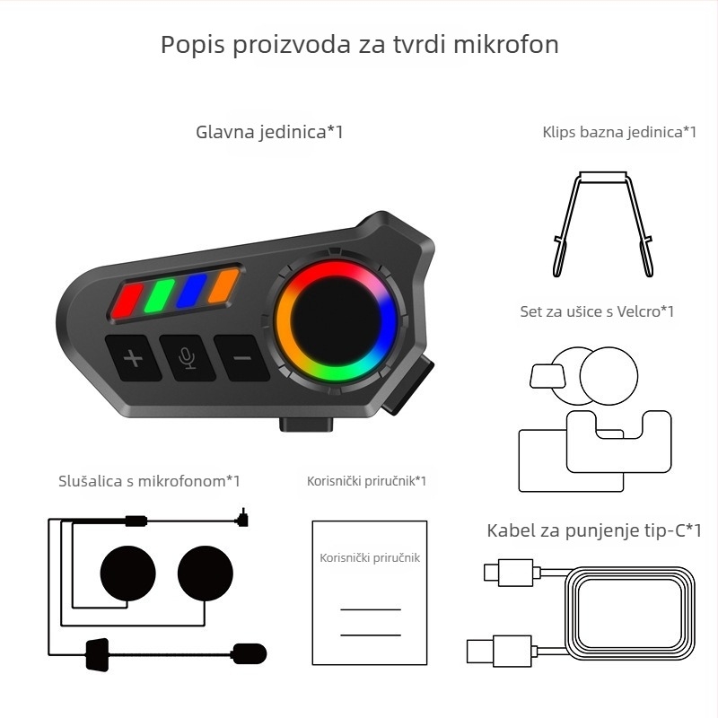 Motociklistička kaciga Bluetooth slušalica s interkomom i dijeljenjem glazbe, vodootporna, Bluetooth 6.0, domet 10 m, trajanje baterije ~20 h