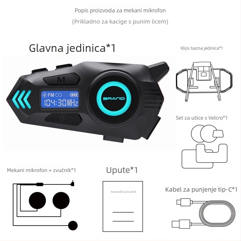 Motociklistička kaciga Bluetooth slušalica s interkomom i dijeljenjem glazbe, vodootporna, Bluetooth 6.0, domet 10 m, trajanje baterije ~20 h